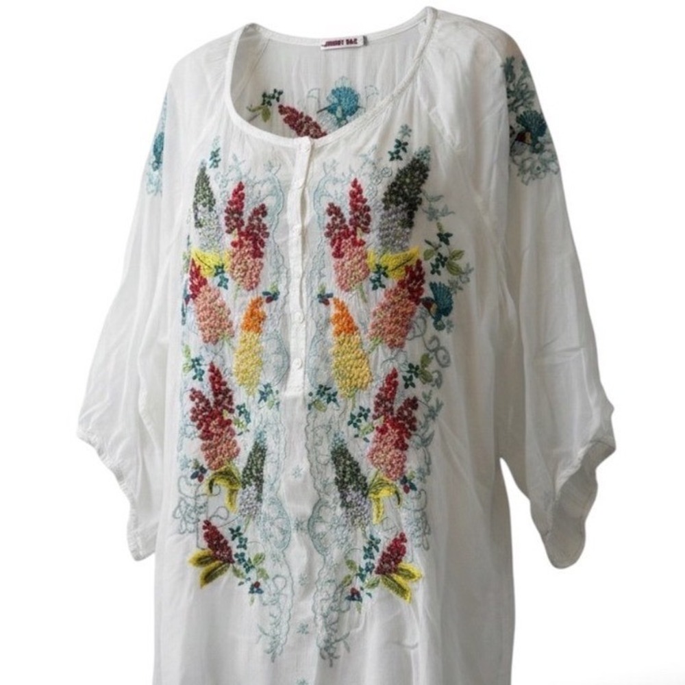 Johnny Was White Embroidered Hummingbird Floral Tunic Blouse Top Womens 1X